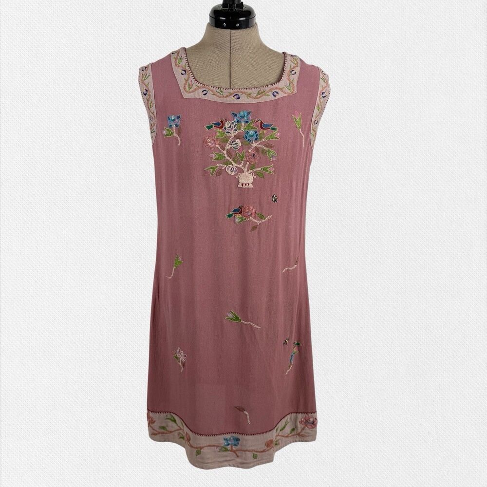 Papy Boez Pink Rayon Shift Dress S/M  Embroidered Birds Floral Fairy Whimsigoth